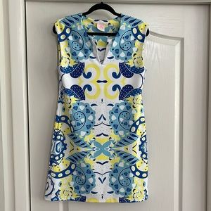 PARISOU mini Dress•Size Small•Sleeveless,V neck•Patterned Blues Yellow on white